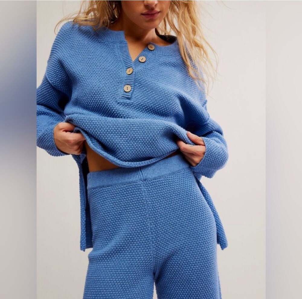 Free People Beach Hailee Waffle Knit Henley & Wide Leg Pants Summer Blue Sweater